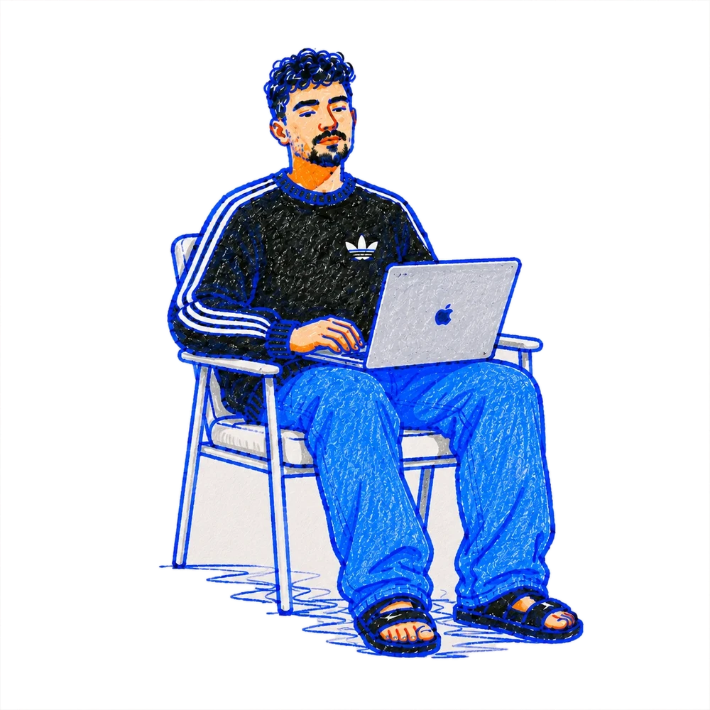 Ilustração de Kauã Lasmar sentado em uma cadeira com notebook